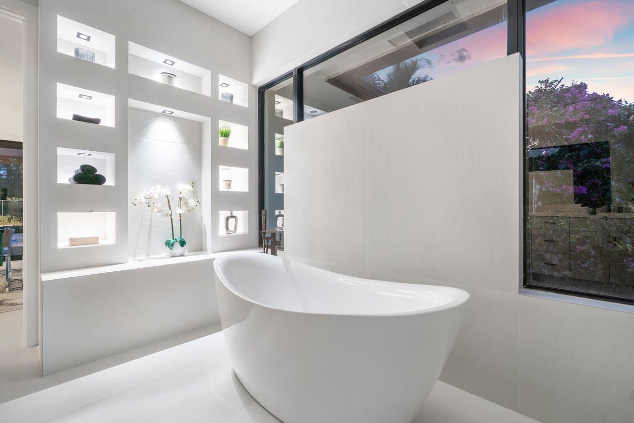 Luxury bathroom with tall impact picture window